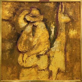 Mid-Century Latin American Modernist Heavy Impasto Painting Figure & Donkey