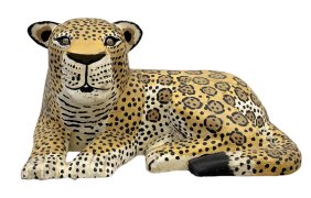 Vintage Hand Painted Carved Wood Leopard Folk Art Sculpture