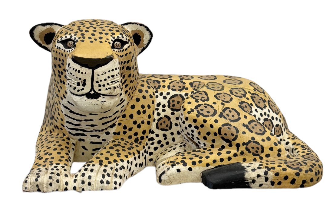 Vintage Hand Painted Carved Wood Leopard Folk Art Sculpture: Appears unsigned 22 x 12 x 13 in
