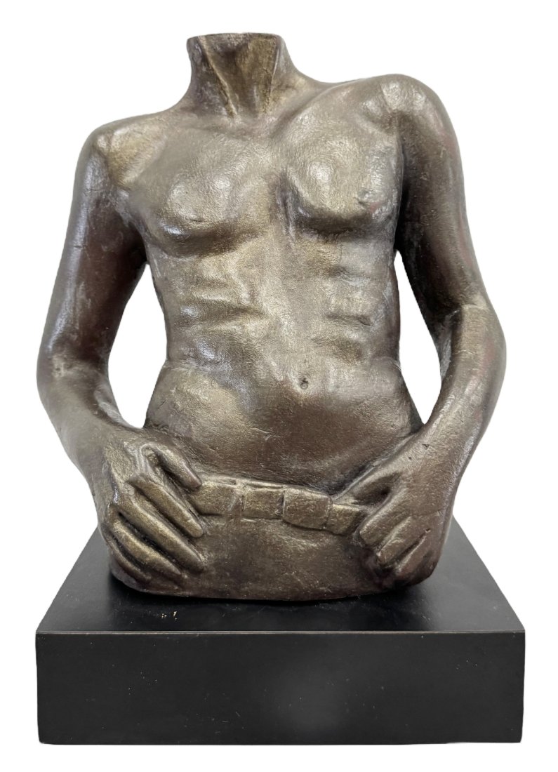 American Modernist Bronze Shirtless Nude Man Torso Sculpture: Appears unsigned 10 x 6 x 5 in. Rotating base