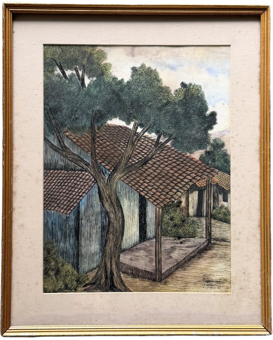 Vintage Nicaragua Street Scene Watercolor & Ink, Signed: 20.5 x 16.5 in (framed)
