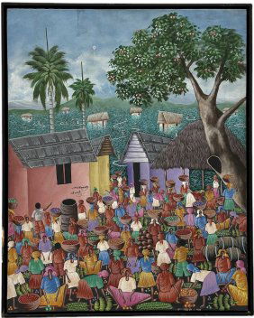 Vintage Naive Haitian Village Landscape Painting, Signed