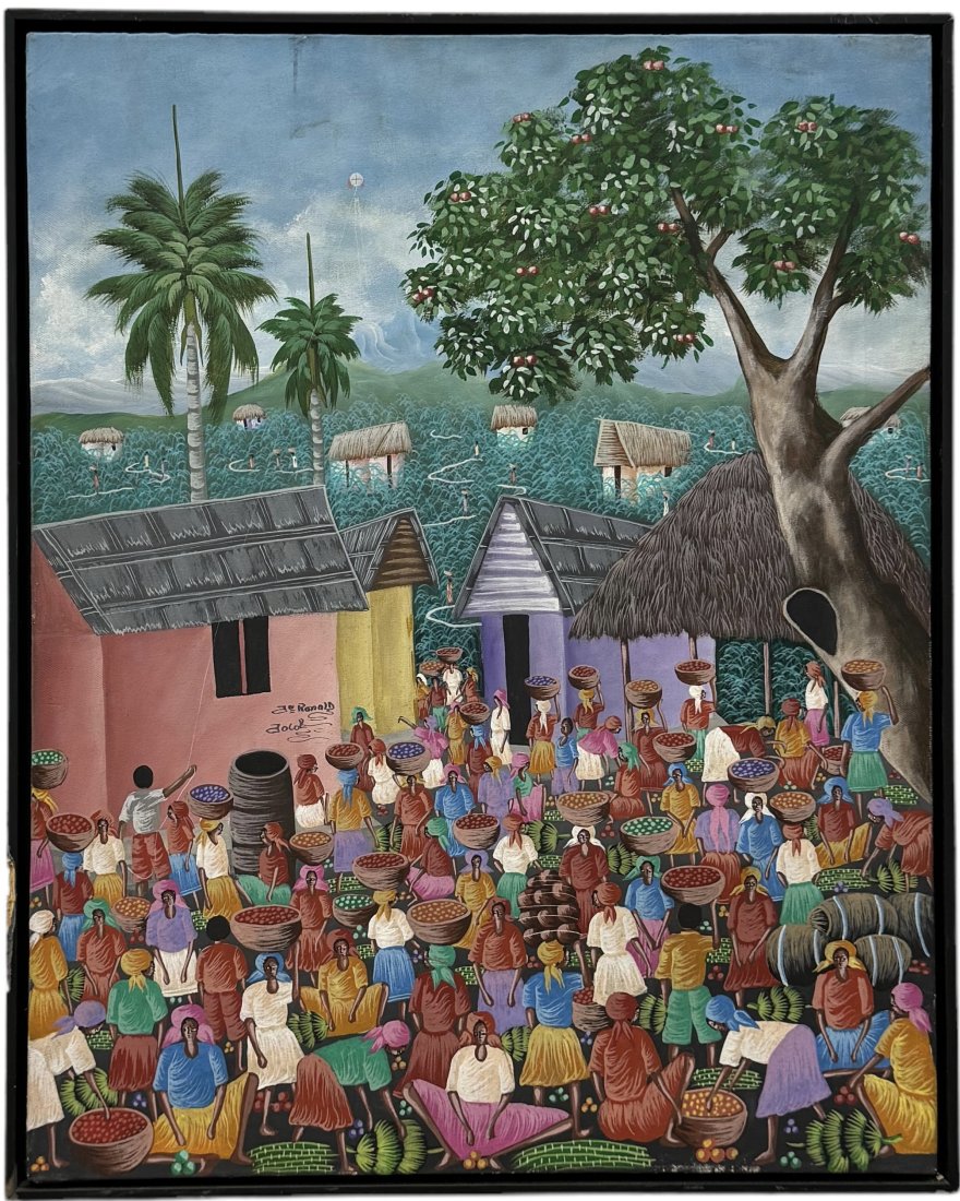 Vintage Naive Haitian Village Landscape Painting, Signed: Oil on canvas 30 x 24 in, 31 x 25 in (framed)