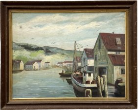 Vintage American Rockport School WPA Harbor Scene Oil Painting, Unsigned