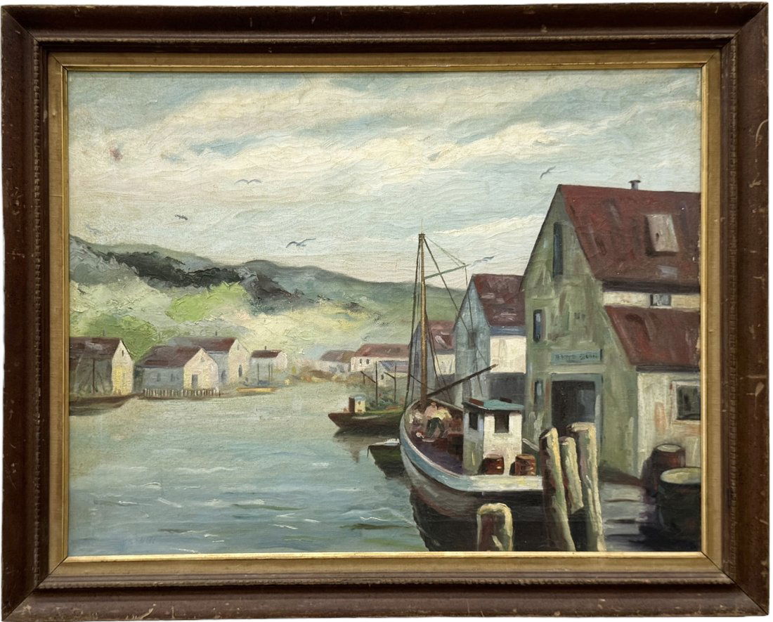 Vintage American Rockport School WPA Harbor Scene Oil Painting, Unsigned (1 of 3)