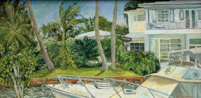 American School Florida Harbor Scene Boat Dock House, Signed