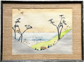 Chinese School Modernist Watercolor Boats In Harbor, Signed