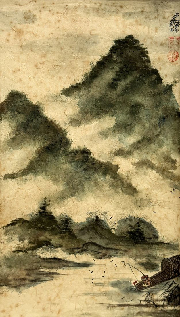 Antique Chinese School Watercolor Fisherman Mountain Landscape, Signed (1 of 3)