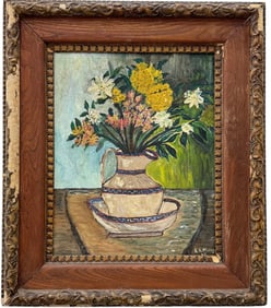 Mid-Century American School Modernist Still Life Of Flowers, Signed