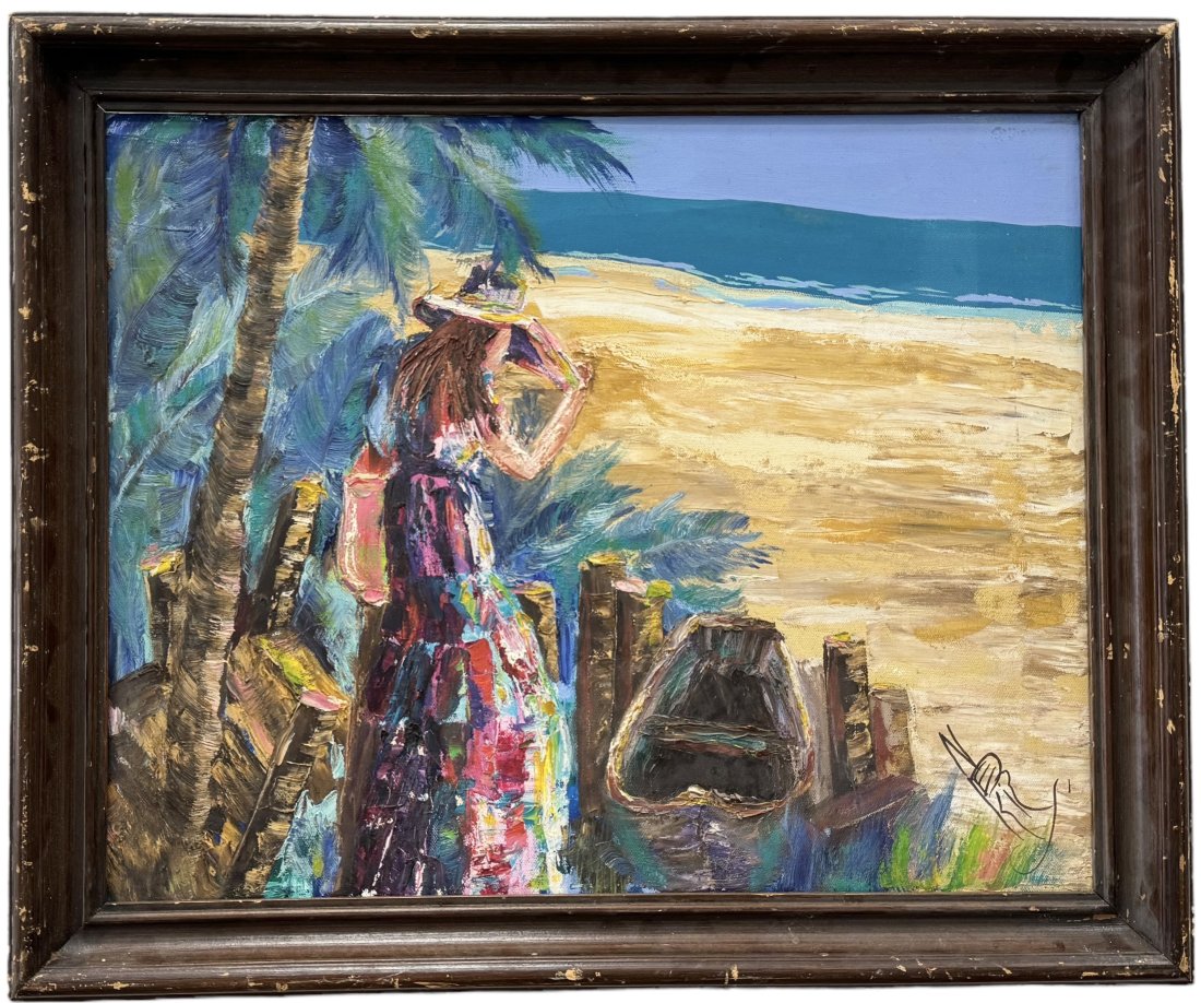Impressionist Tropical Florida Beach Landscape, Signed: Oil on canvas 20 x 16 in