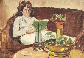 TORE ASPLUND (1903-1978, American) Woman Reading, Interior Scene
