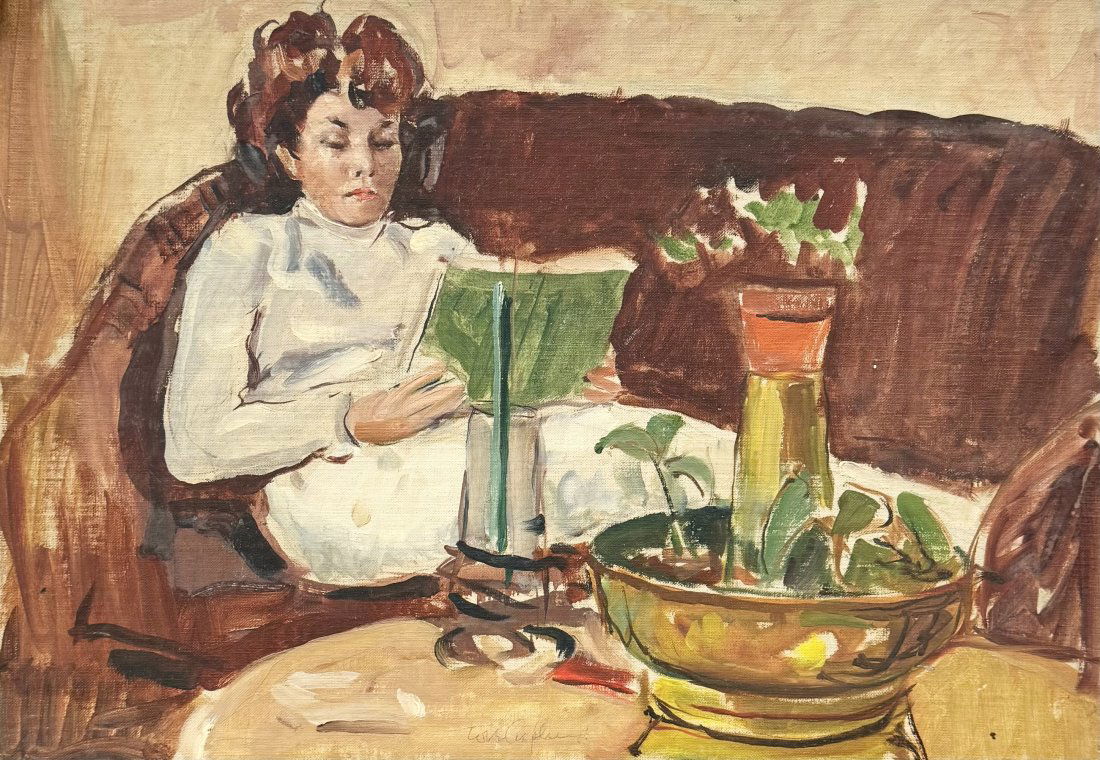 TORE ASPLUND (1903-1978, American) Woman Reading, Interior Scene: Oil on board 20 x 14 in