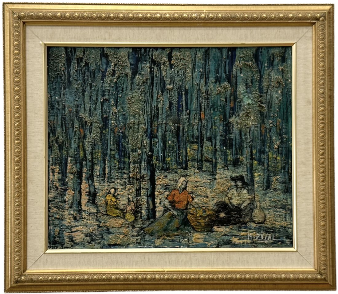 Modernist Forest Landscape With Figures, Signed: Oil on canvas 22 x 18 in, 29 x 25.5 in (framed)