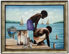 LOVENS LORVENS (20th c, Haiti) Children On Dock