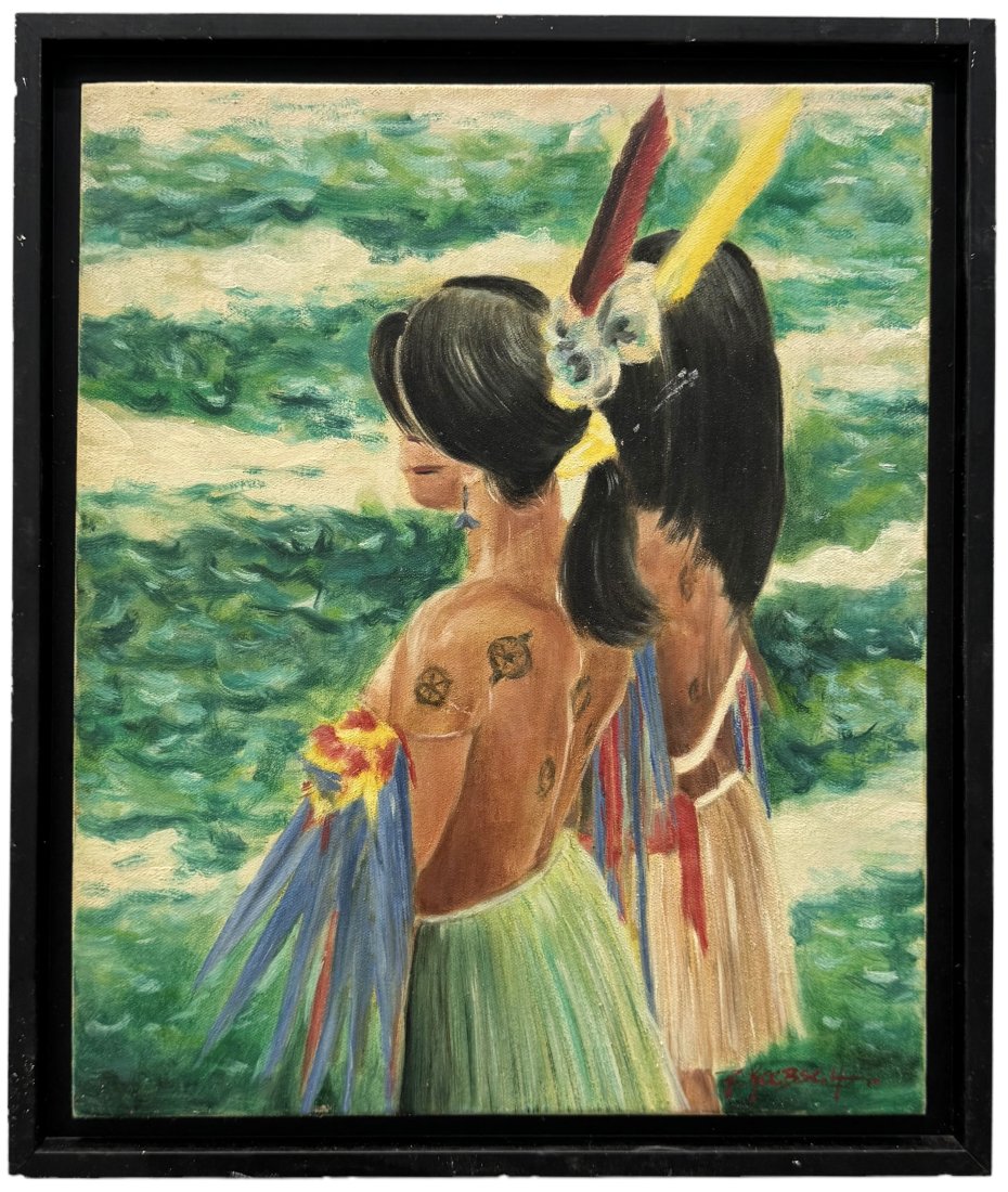 RICARDO KOEBSCH (20th c, French) Native American Women: Oil on canvas 20.5 x 17.5 in (framed)