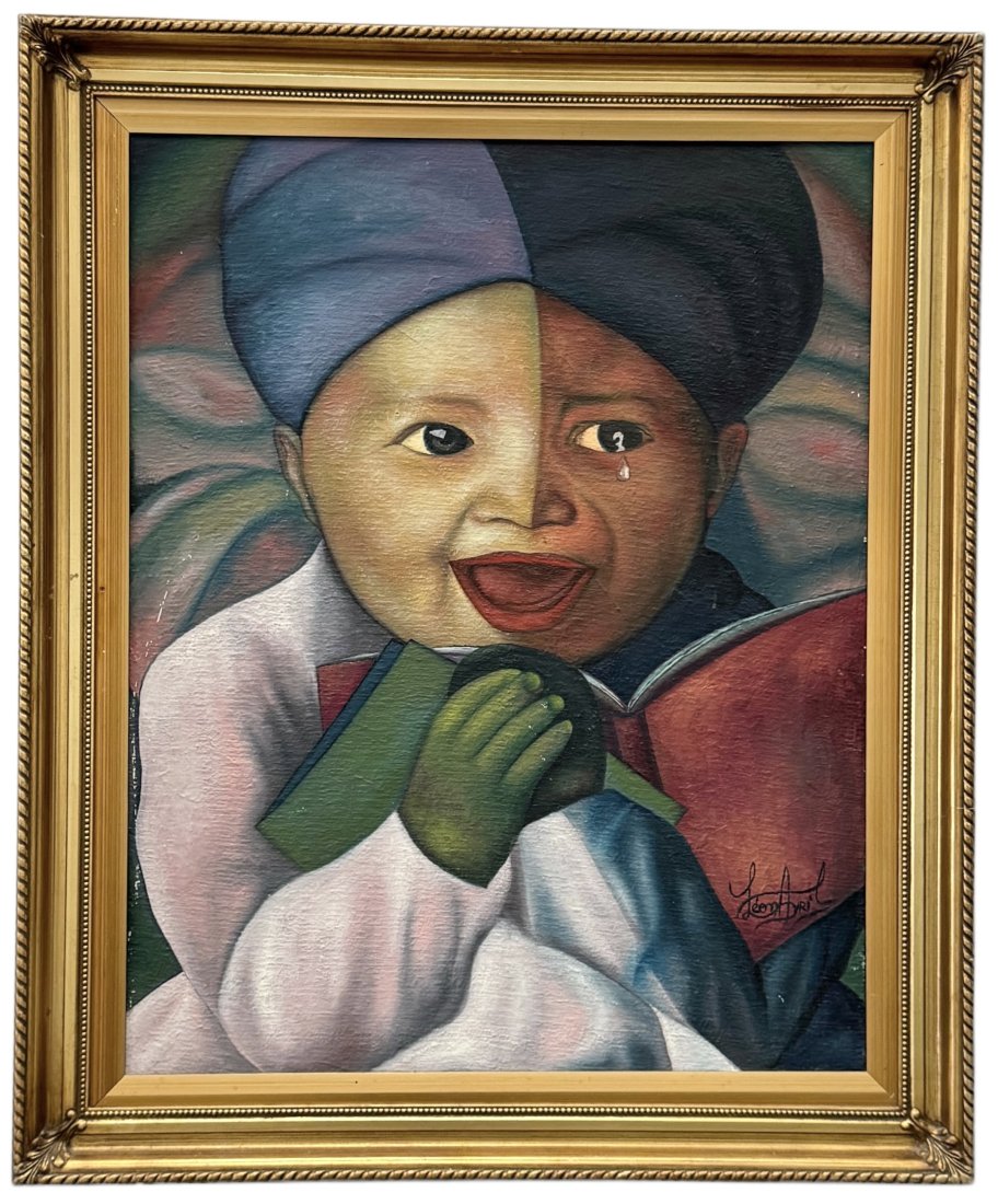 LEON AVRIL (20th c, Haitian) Modernist Portrait Of A Baby, Miami Artist: Oil on canvas 36 x 30 in (framed)