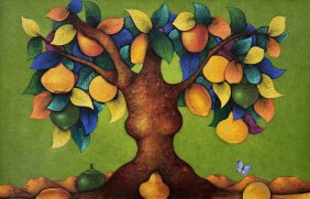 Large Latin American School Surrealist Biomorphic Tree Painting Signed
