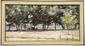 Large American School Impressionist Lakeside Landscape, Signed
