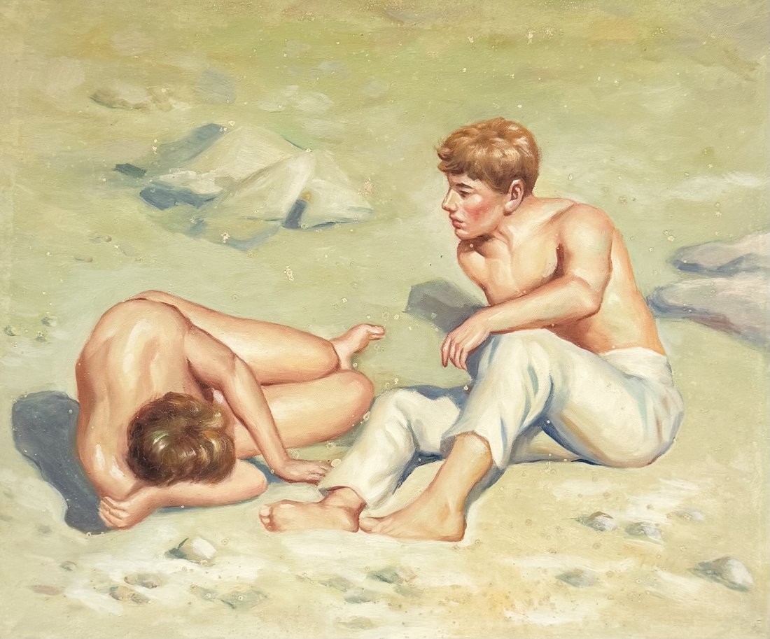 American School Painting Of Young Boys At Beach, Unsigned (1 of 3)