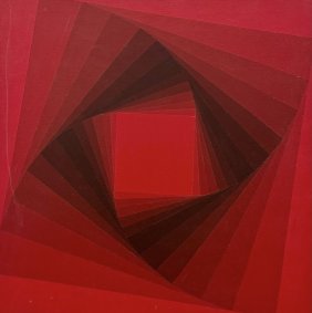 Vintage 1980's Red Op Art Abstract Painting, Signed Verso