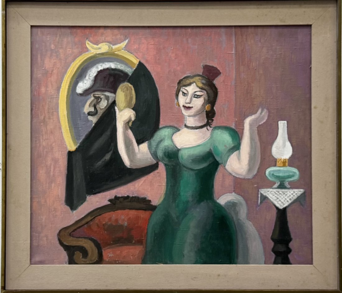 Mexican School Modernist Interior Scene Of A Woman, Unsigned: Oil on canvas 28 x 24 in, 32.5 x 28.5 in