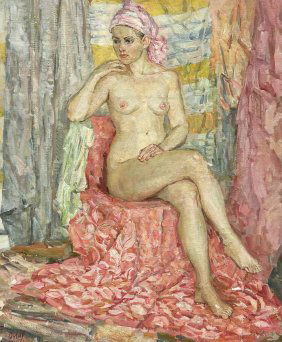 Russian School Female Seated Nude Painting, Signed Verso