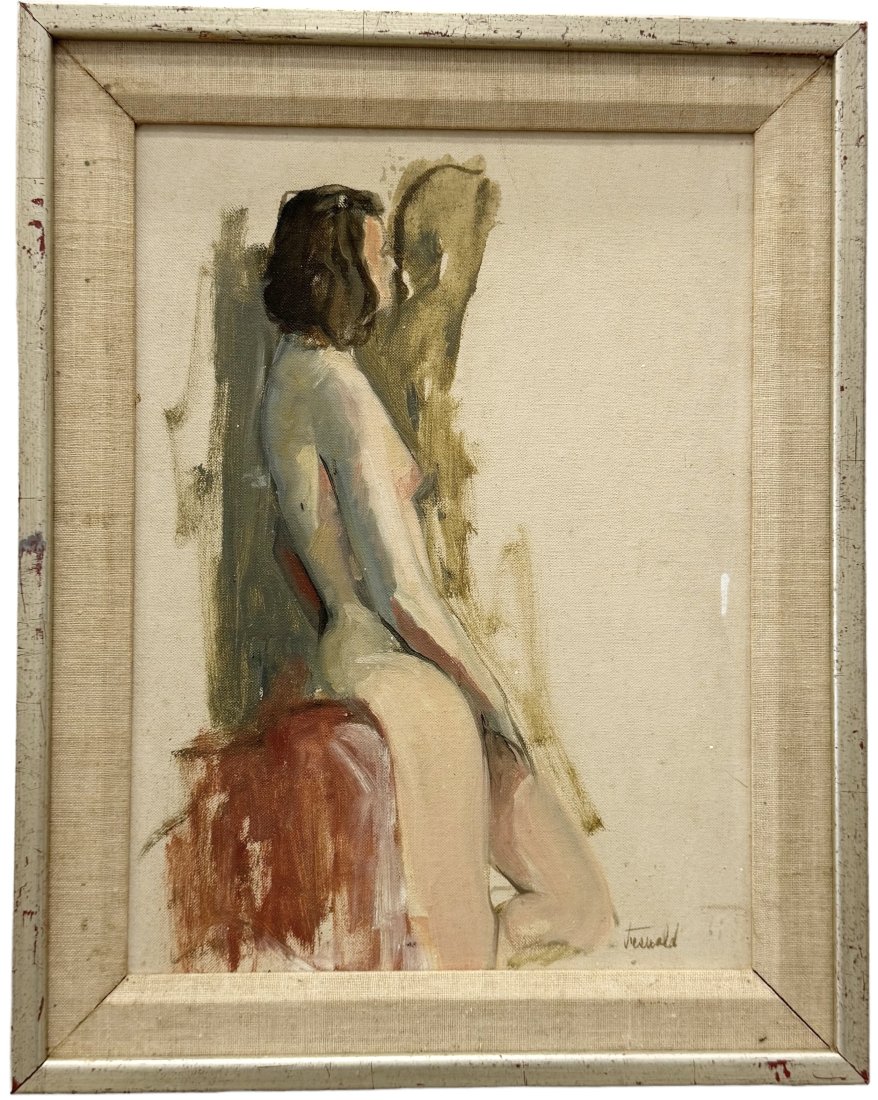 JOSEPH JESWALD (1927-2009, American) Nude Woman: Oil on board 16 x 12 in, 19.5 x 15.5 in (framed). Jeswald, the son of an Ohio factory worker was born in 1927 and raised in an Italian-American enclave in the village of Leetonia. His paintings have a