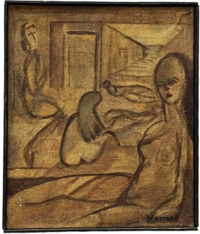 JOHN KAMAS (1927-2010, American) Mid-Century Abstract w/ Figures, New Orleans Artist