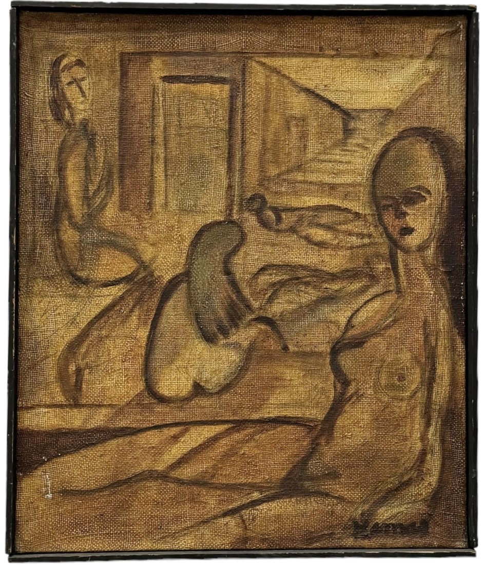 JOHN KAMAS (1927-2010, American) Mid-Century Abstract w/ Figures, New Orleans Artist: Oil on canvas 25 x 21 in (framed)