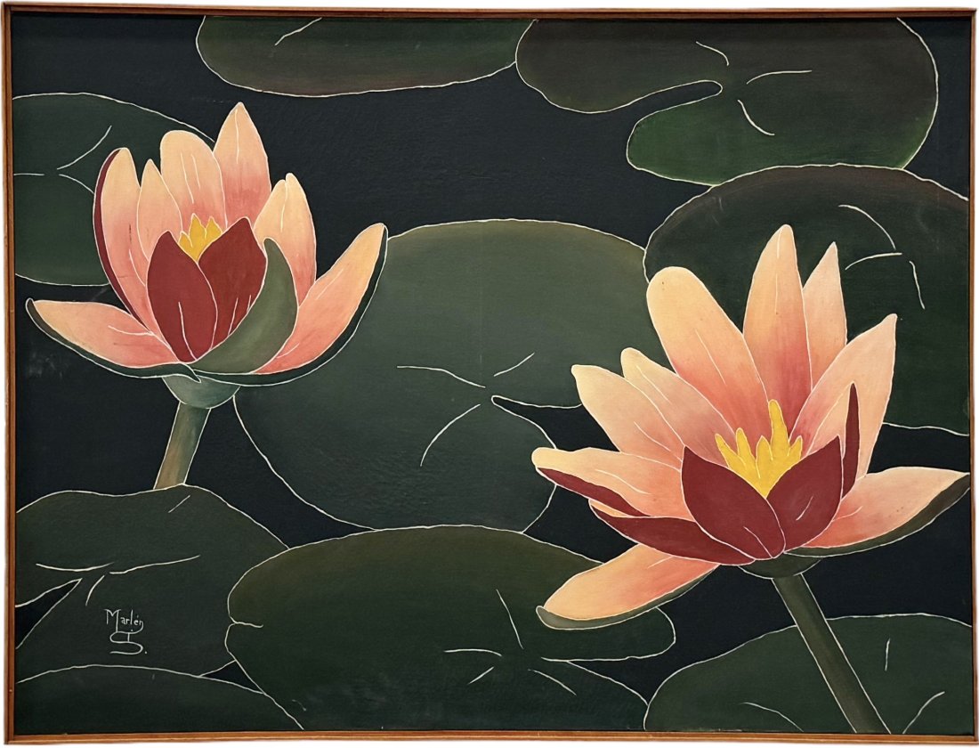 Vintage Latin American School Modernist Painting Of Lily Pads, Signed (1 of 3)