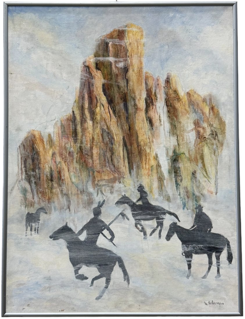 Southwestern Modernist Landscape Native Americans On Horseback, Signed: Oil on board 24 x 18 in