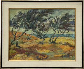 Mid-Century Polish Landscape Oil On Board Painting, Signed