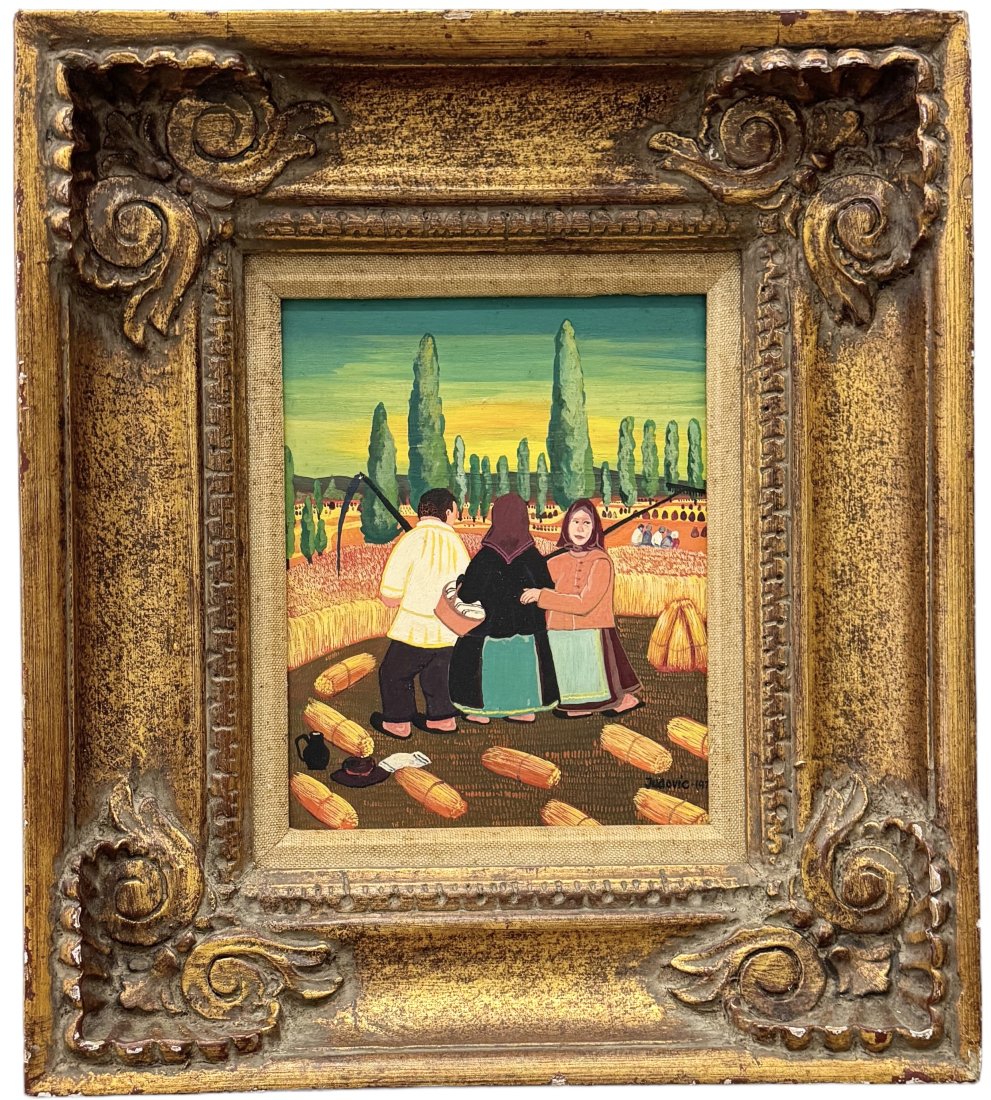 Serbian Folk Art Painting, Signed Jugovic: Oil on canvas 10 x 8 in, 17.5 x 15.5 in (framed)