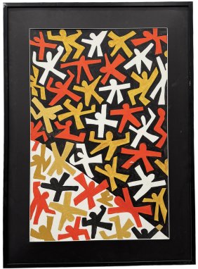 Contemporary Hard Edge Abstract w/ Figures, Artist Unknown