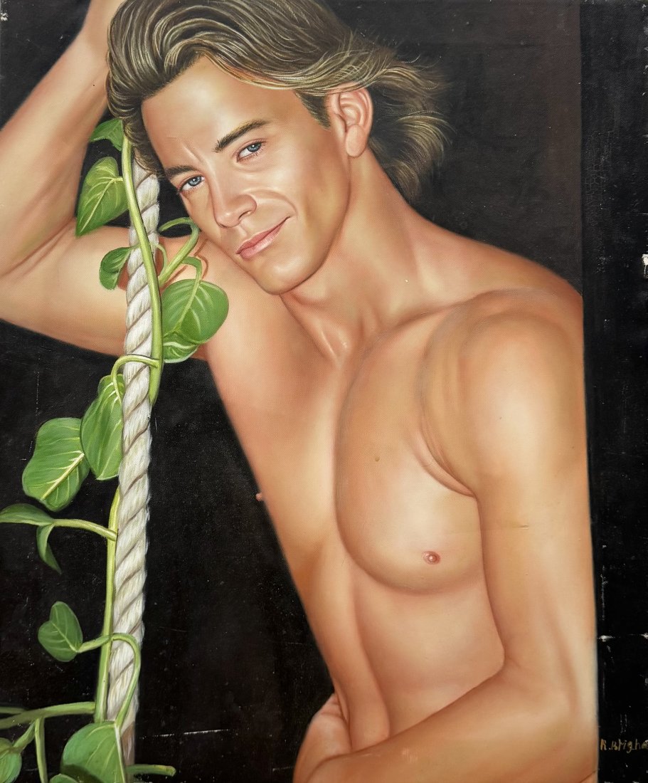 Contemporary Portrait Of A Handsome Man, Male Nude Painting, Signed: Artist unknown. Oil on canvas 24 x 20 in