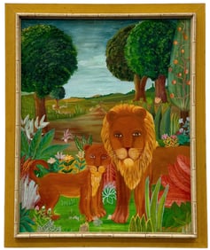 PAUL BOUREAU Naive Landscape With Lions Signed