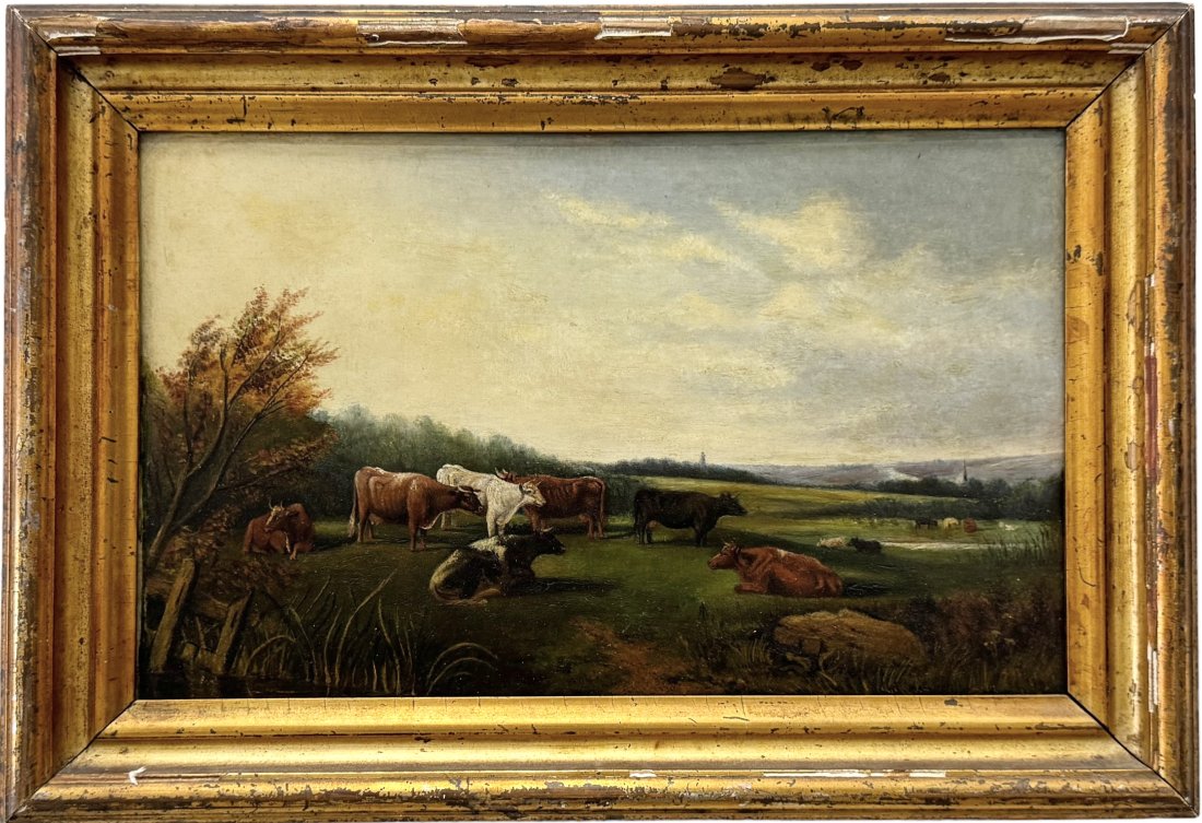 Antique English School Pastoral Landscape w/ Cows: Oil on wood 13.5 x 8.5 in, 16 x 11 in