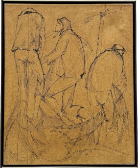 Mid-Century Israeli School Modernist Ink Drawing, Signed In Hebrew