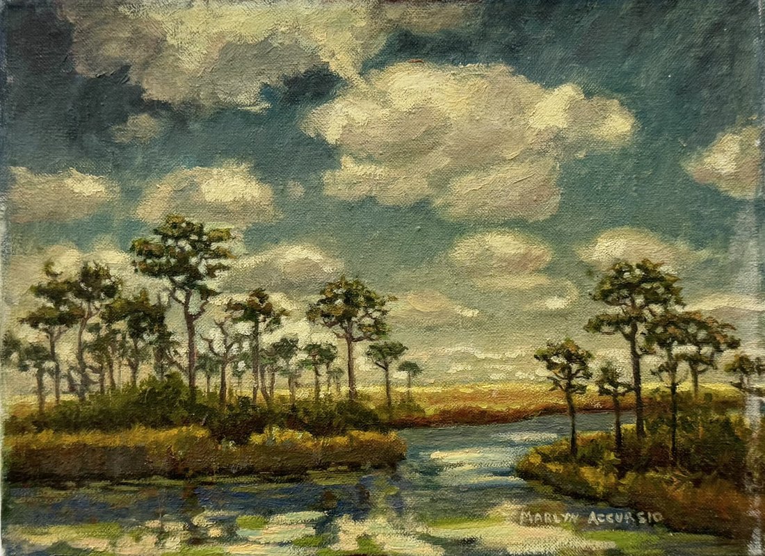 MARYLIN ACCURSIO (20th c, Florida) Homestead Artist, Everglades Landscape: Oil on canvas 12 x 9 in