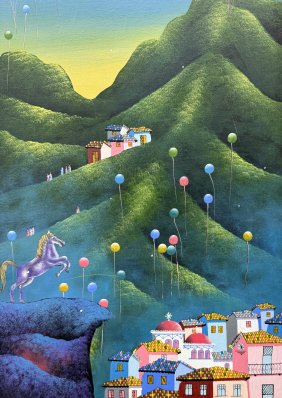 Vintage Colorful Whimsical Ecuadorian Fantasy Folk Art Painting, Signed