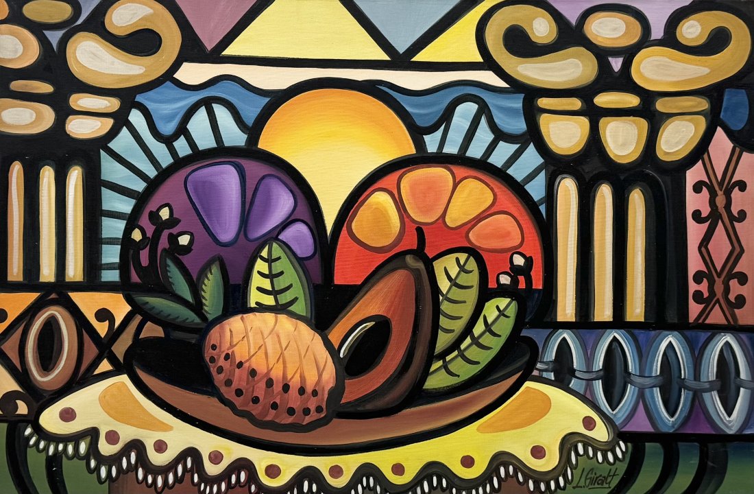 Cuban School Post Modern Still Life OF Fruit, Signed: Acrylic on canvas 36 x 24 in