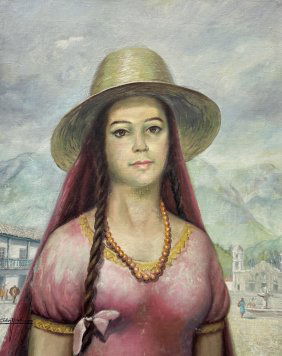 Cuban School Portrait Of A Young Woman In A Hat, Signed