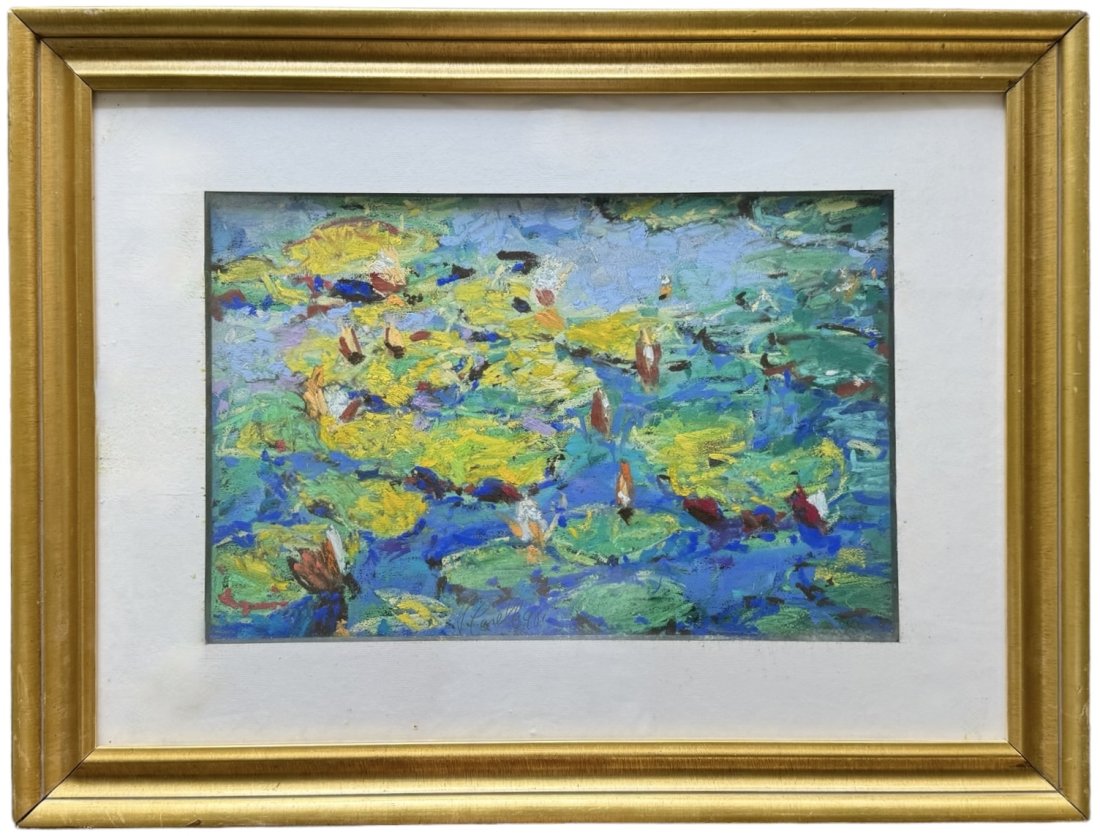 JOACHIM CASSEL (1927-2023, American) New Orleans Artist, Lily pads On lake: Pastel on paper 28.5 x 21.5 in (framed).Born in Spain. Moved to US, and settled in New Orleans, Louisiana.