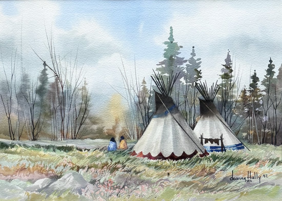 DEANNE HALLY (1944-2002, American) Native American Subject Idaho Falls Art: Watercolor on paper 18 x 14 in, 26 x 22 in (framed). Primarily known for her watercolors of the Grand Tetons and irises, Deanne Jones (Hally) was born on August 14, 1944 in Provo, Utah. When she was s