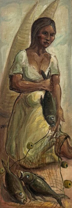Cuban School Woman Netting Fish, Signed