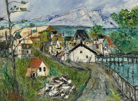 HELEN BOTWAY (1900-1992, American) Swedish Town Shoreline Landscape