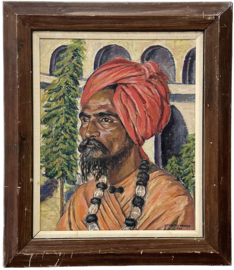 EMMY LICHTWITZ KRASSO (1895-1974, Austria) Portrait Indian Portrait, Mumbai 1945: Oil on board 22 x 18 in, 29 x 25 in (framed).In 1939 she and her husband, Oscar T. Krasso, fled Austria for Mumbai, India. While there, she asked Mohandas Karamchand Gandhi for permission to sketch hi