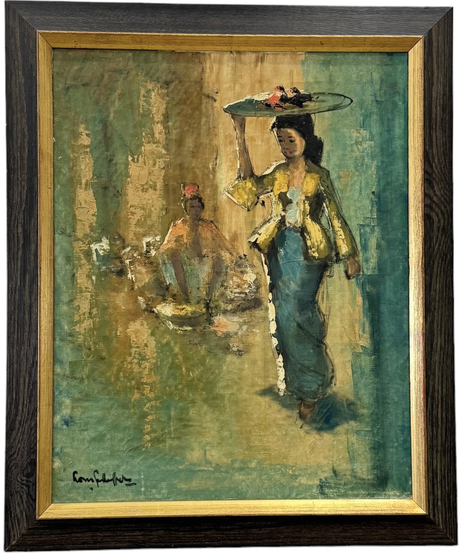 Mid-Century Indonesian Orientalist, Modernist Street Scene, Signed: Oil on canvas 20 x 16 in, 23.5 x 19.5 in (framed)