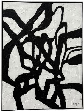 Large Contemporary Black & White Abstract Painting, Signed Heavy Impasto