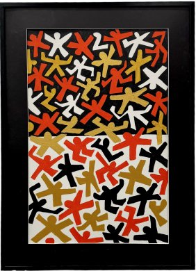 Contemporary Hard Edge Abstract w/ Figures, Artist Unknown